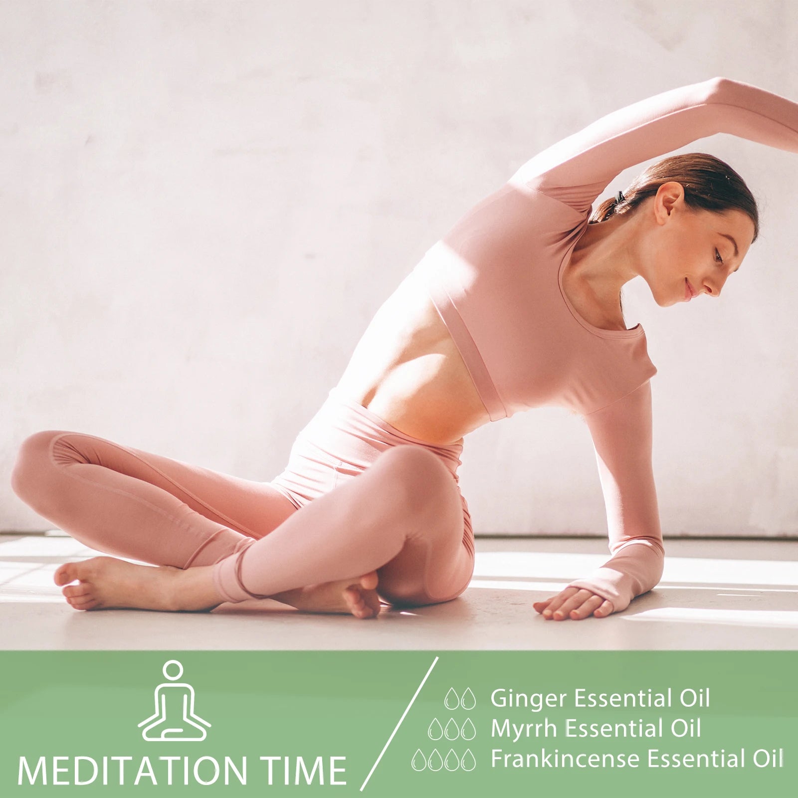 Woman in a yoga pose on a light-colored floor with essential oil text overlay