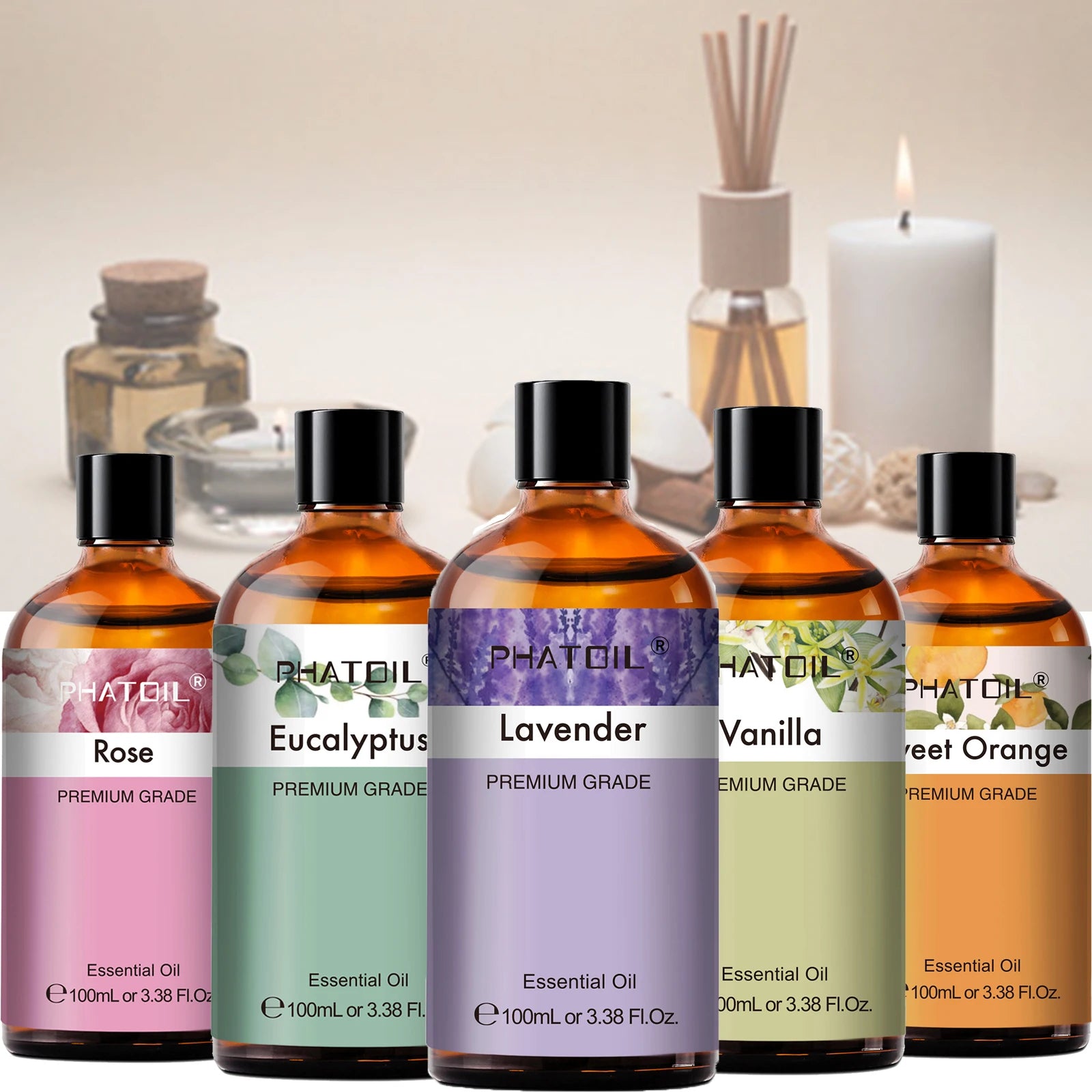 PHATOIL Huiles Essentielles 100ml – Lavande, Jasmin, Vanille, Eucalyptus | Huile Naturelle Pure pour Diffuseur, Bougie, Massage et Relaxation