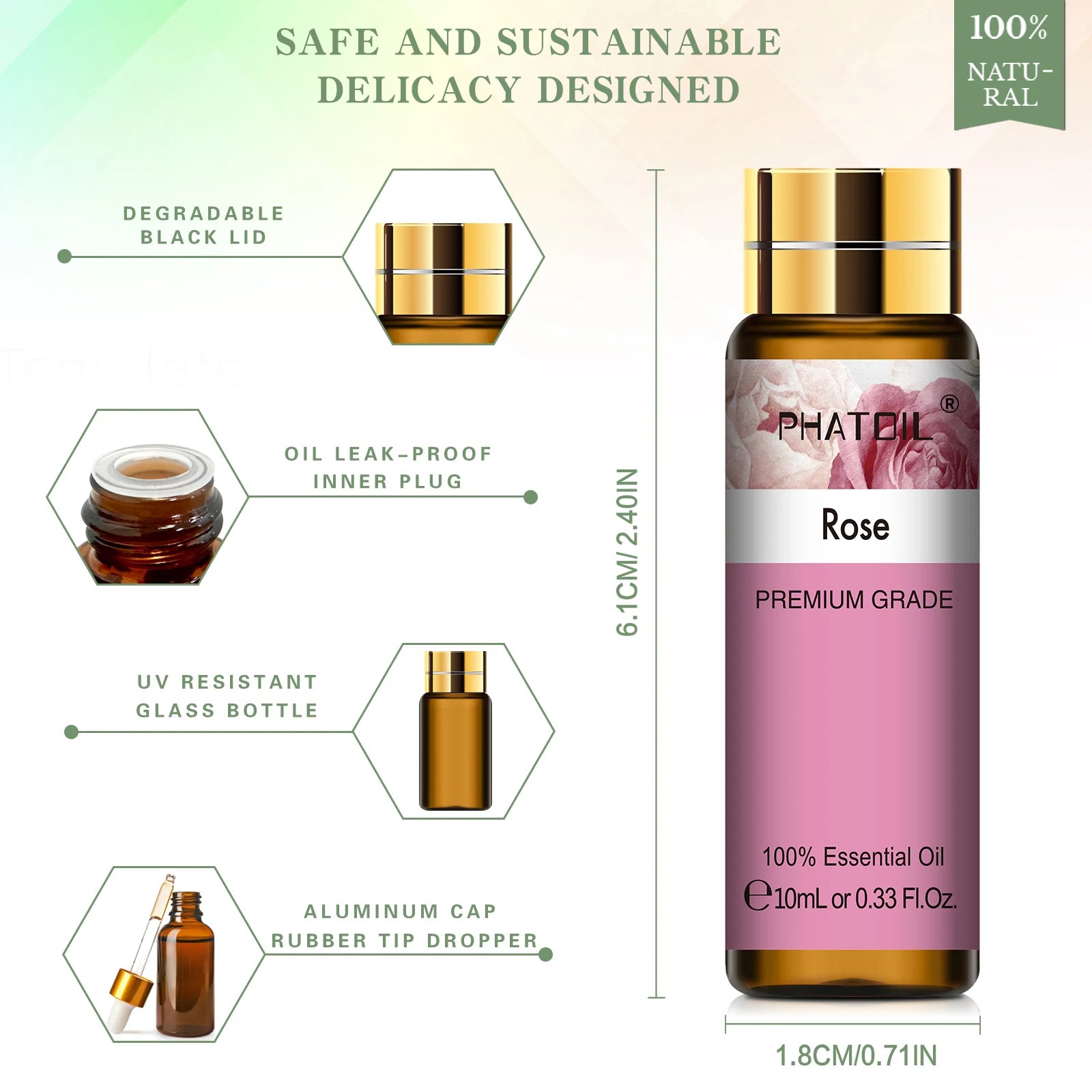 Rose essential oil bottle with features and dimensions on a white background