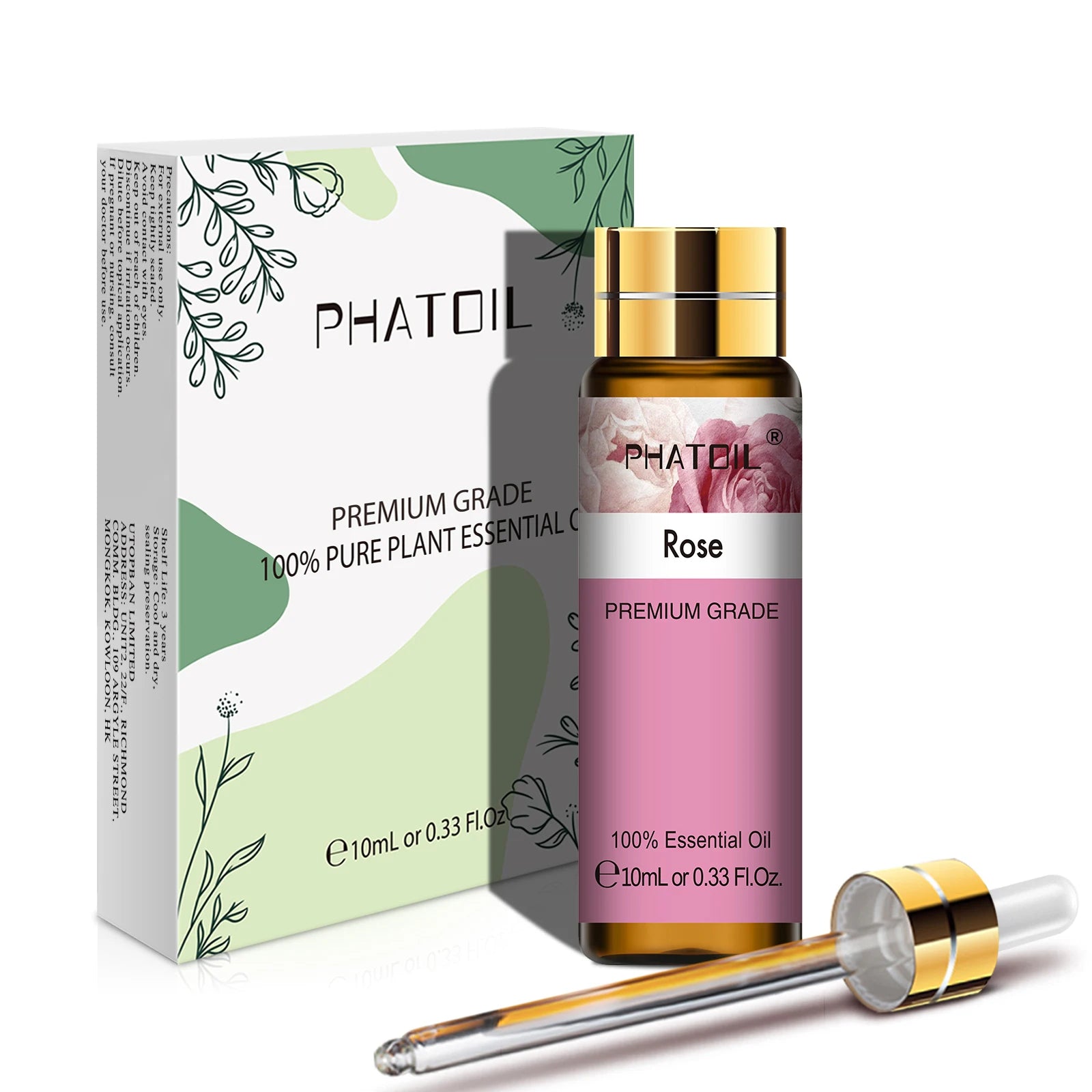Phatoil Rose essential oil bottle with packaging and dropper on a white background