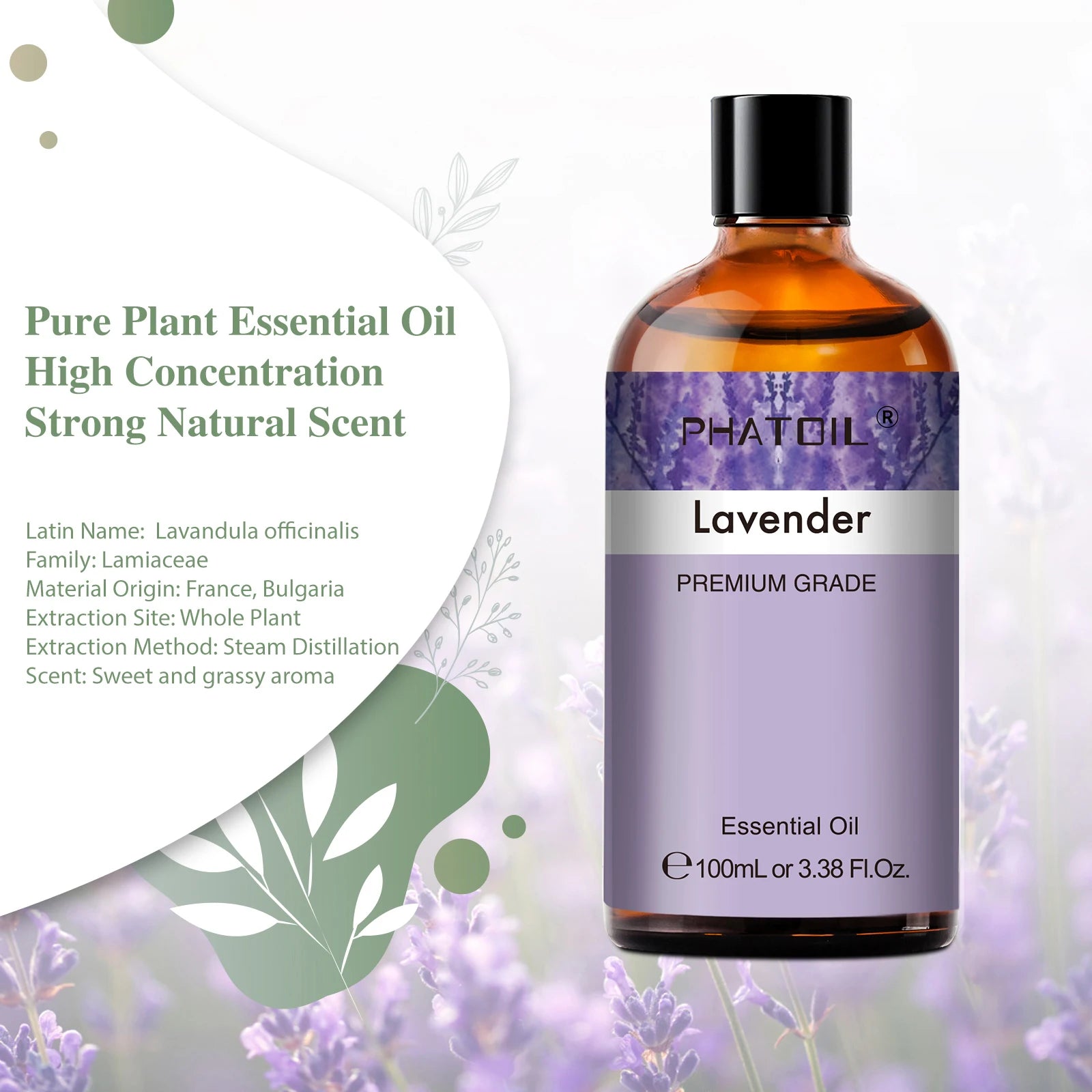 PHATOIL Huiles Essentielles 100ml – Lavande, Jasmin, Vanille, Eucalyptus | Huile Naturelle Pure pour Diffuseur, Bougie, Massage et Relaxation